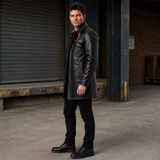 Men’s Black Leather Workwear Coat | Brown Trim Zip & Button Utility Jacket