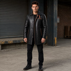 Men’s Black Leather Workwear Coat – Brown Trim Zip & Button Utility Jacket
