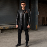 Men’s Black Leather Workwear Coat | Brown Trim Zip & Button Utility Jacket