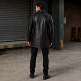 Men’s Black Leather Workwear Coat | Brown Trim Zip & Button Utility Jacket