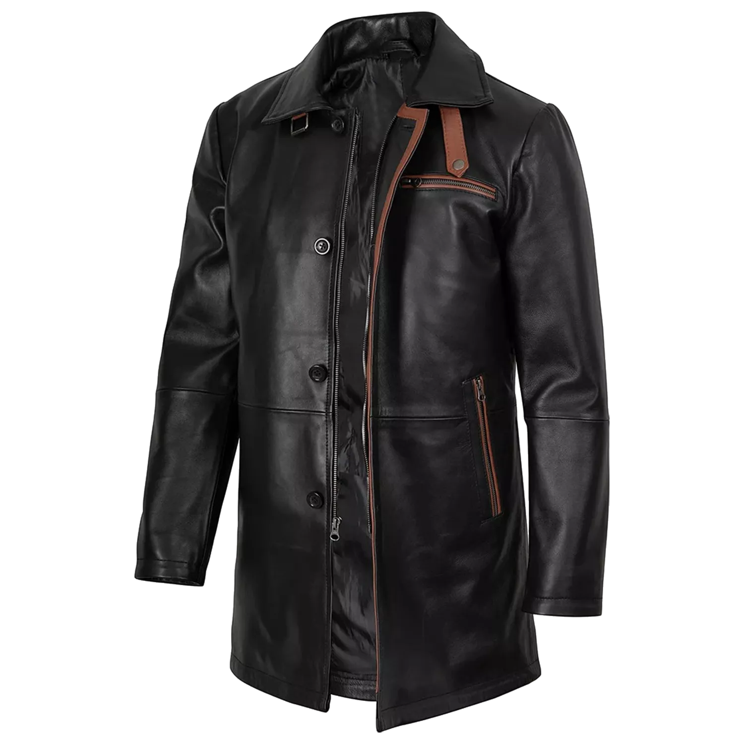 Men’s Black Leather Workwear Coat | Brown Trim Zip & Button Utility Jacket