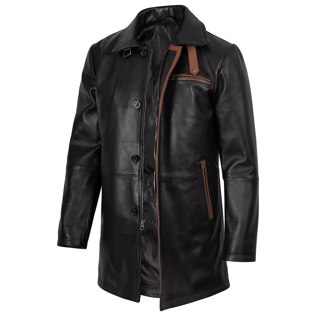 Men’s Black Leather Workwear Coat – Brown Trim Zip & Button Utility Jacket