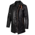 Men’s Black Leather Workwear Coat – Brown Trim Zip & Button Utility Jacket