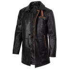 Men’s Black Leather Workwear Coat – Brown Trim Zip & Button Utility Jacket