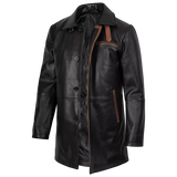 Men’s Black Leather Workwear Coat | Brown Trim Zip & Button Utility Jacket