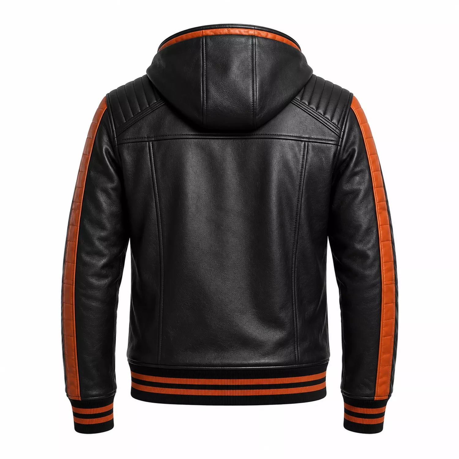 Men’s Black Orange Hooded Leather Bomber Jacket | Quilted Shoulder Zip Jacket