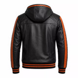 Men’s Black Orange Hooded Leather Bomber Jacket | Quilted Shoulder Zip Jacket