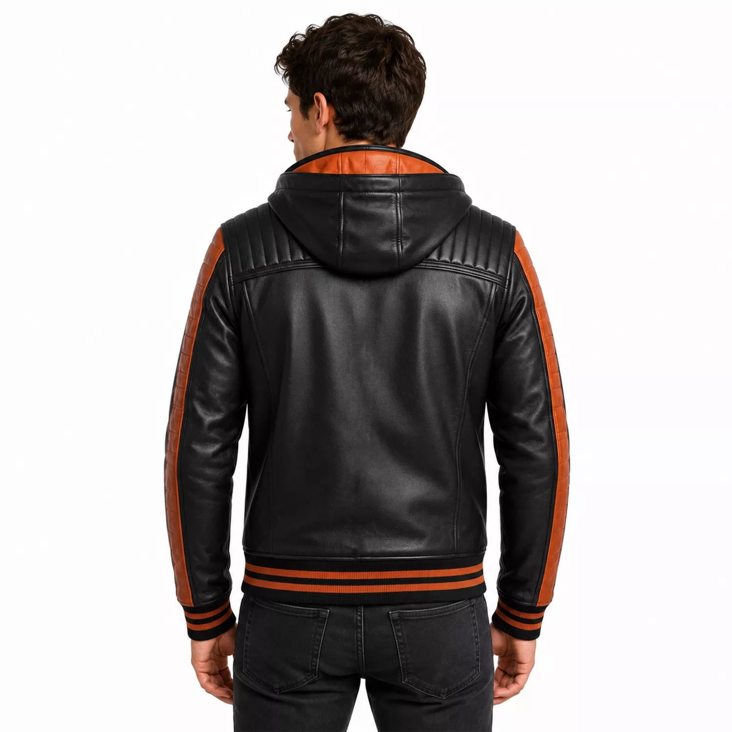 Men’s Black Orange Hooded Leather Bomber Jacket | Quilted Shoulder Zip Jacket