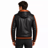 Men’s Black Orange Hooded Leather Bomber Jacket | Quilted Shoulder Zip Jacket