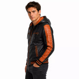 Men’s Black Orange Hooded Leather Bomber Jacket | Quilted Shoulder Zip Jacket
