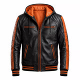 Men’s Black Orange Hooded Leather Bomber Jacket | Quilted Shoulder Zip Jacket