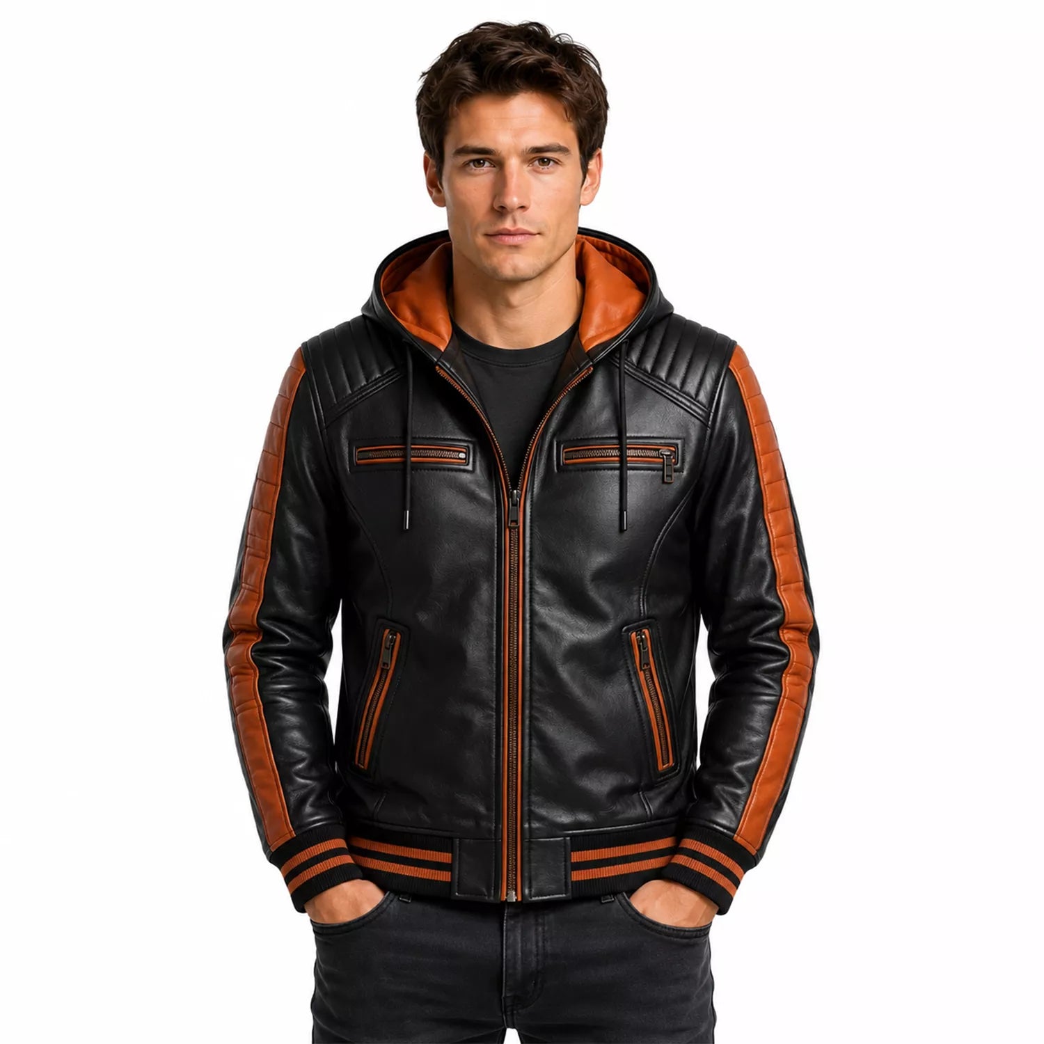 Men’s Black Orange Hooded Leather Bomber Jacket | Quilted Shoulder Zip Jacket