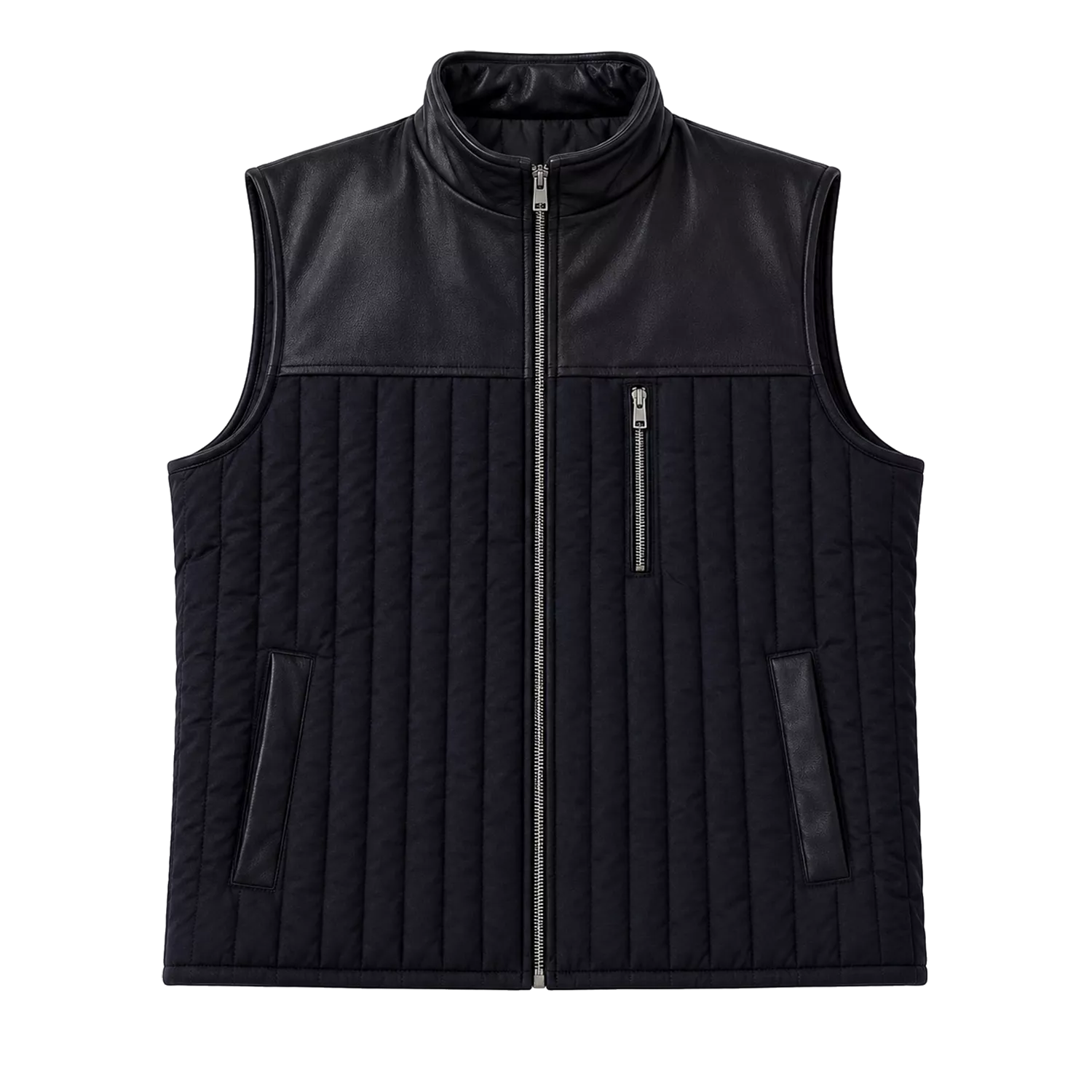 Men’s Black Quilted Leather Vest | Zip-Up Sleeveless Outerwear