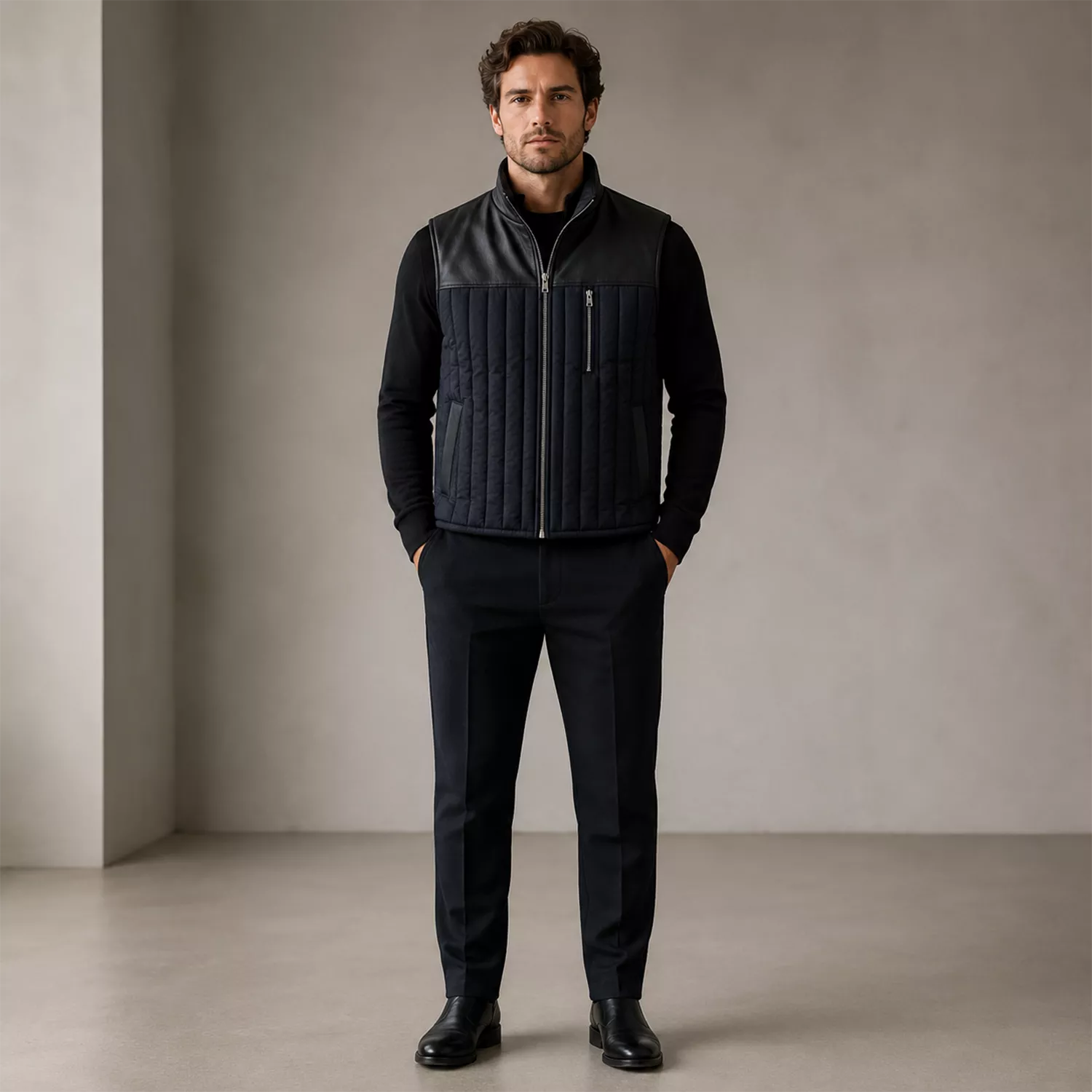 Men’s Black Quilted Leather Vest | Zip-Up Sleeveless Outerwear