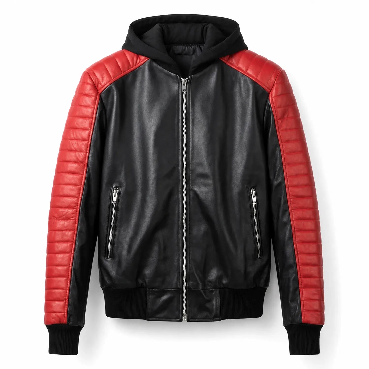 Men's Black Red Hooded Leather Biker Jacket | Premium Motorcycle Style Outerwear
