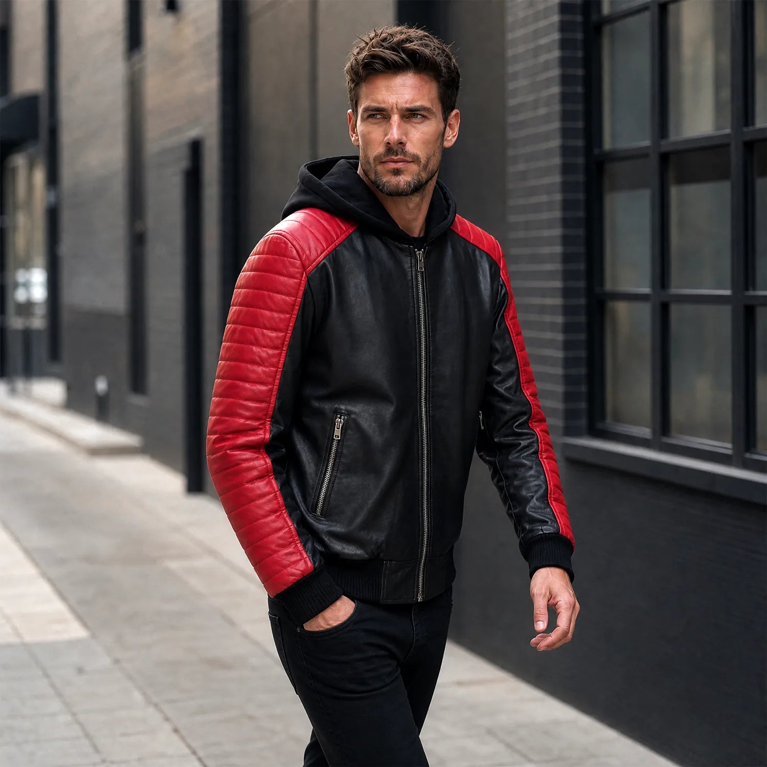 Men's Black Red Hooded Leather Biker Jacket | Premium Motorcycle Style Outerwear
