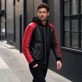 Men's Black Red Hooded Leather Biker Jacket | Premium Motorcycle Style Outerwear