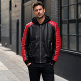 Men's Black Red Hooded Leather Biker Jacket | Premium Motorcycle Style Outerwear