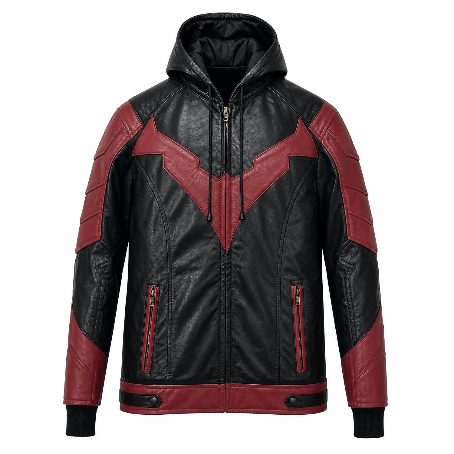 Men's Black Red Hooded Leather Jacket | Hero Inspired Tactical Motorcycle Jacket