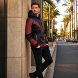 Men's Black Red Hooded Leather Jacket | Hero Inspired Tactical Motorcycle Jacket
