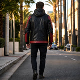 Men's Black Red Hooded Leather Jacket | Hero Inspired Tactical Motorcycle Jacket