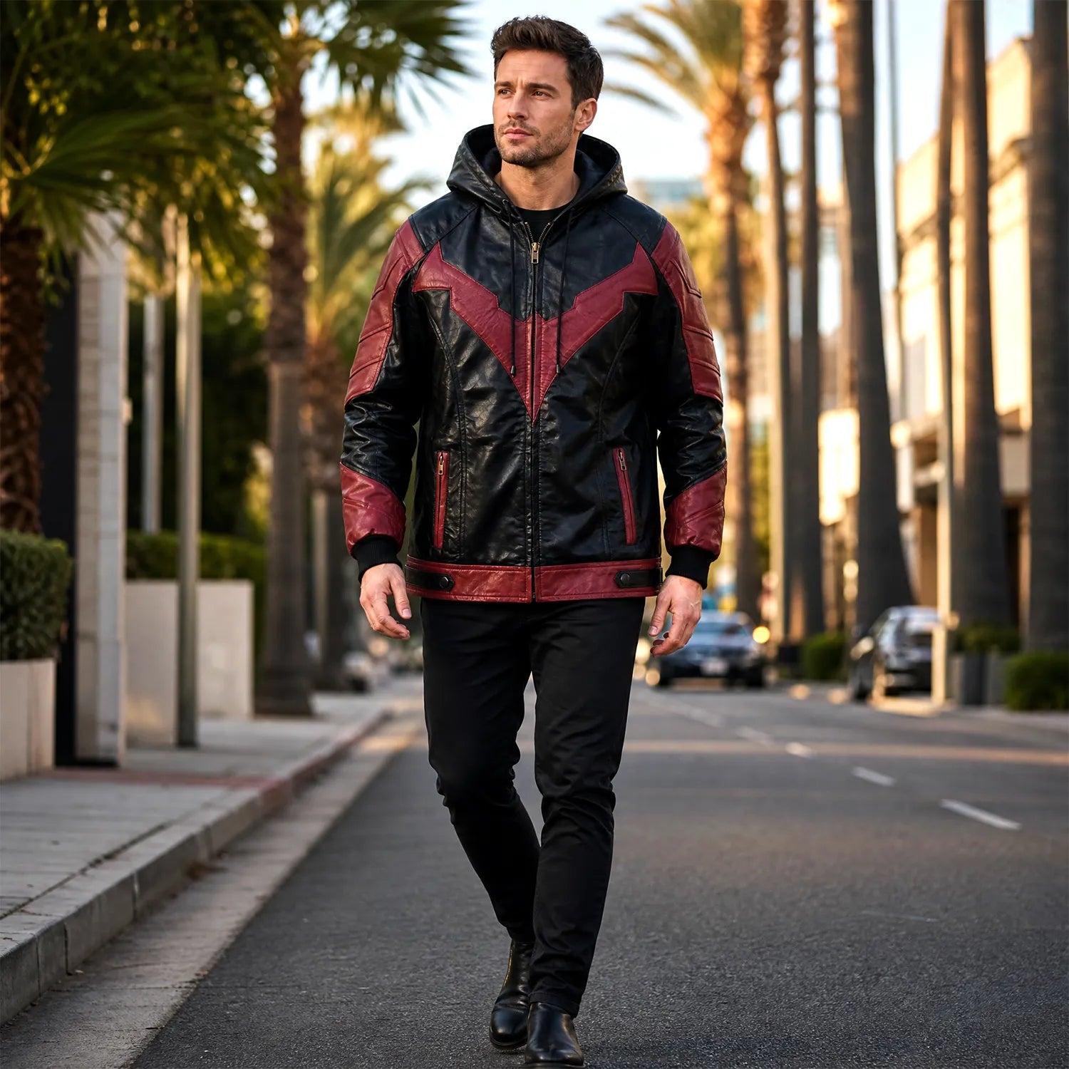Men's Black Red Hooded Leather Jacket | Hero Inspired Tactical Motorcycle Jacket