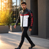 Men's Black Red White Racing Leather Motorcycle Jacket | Premium Biker Style Outerwear