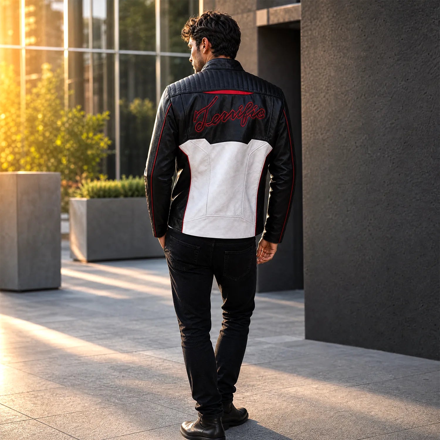 Men's Black Red White Racing Leather Motorcycle Jacket | Premium Biker Style Outerwear