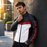 Men's Black Red White Racing Leather Motorcycle Jacket | Premium Biker Style Outerwear