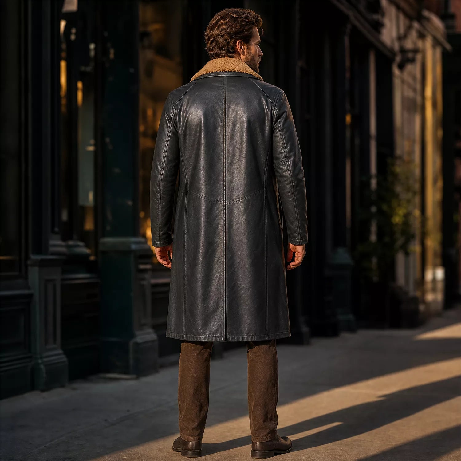 Men’s Black Shearling Leather Trench Coat | Futuristic Sci-Fi Inspired Long Jacket