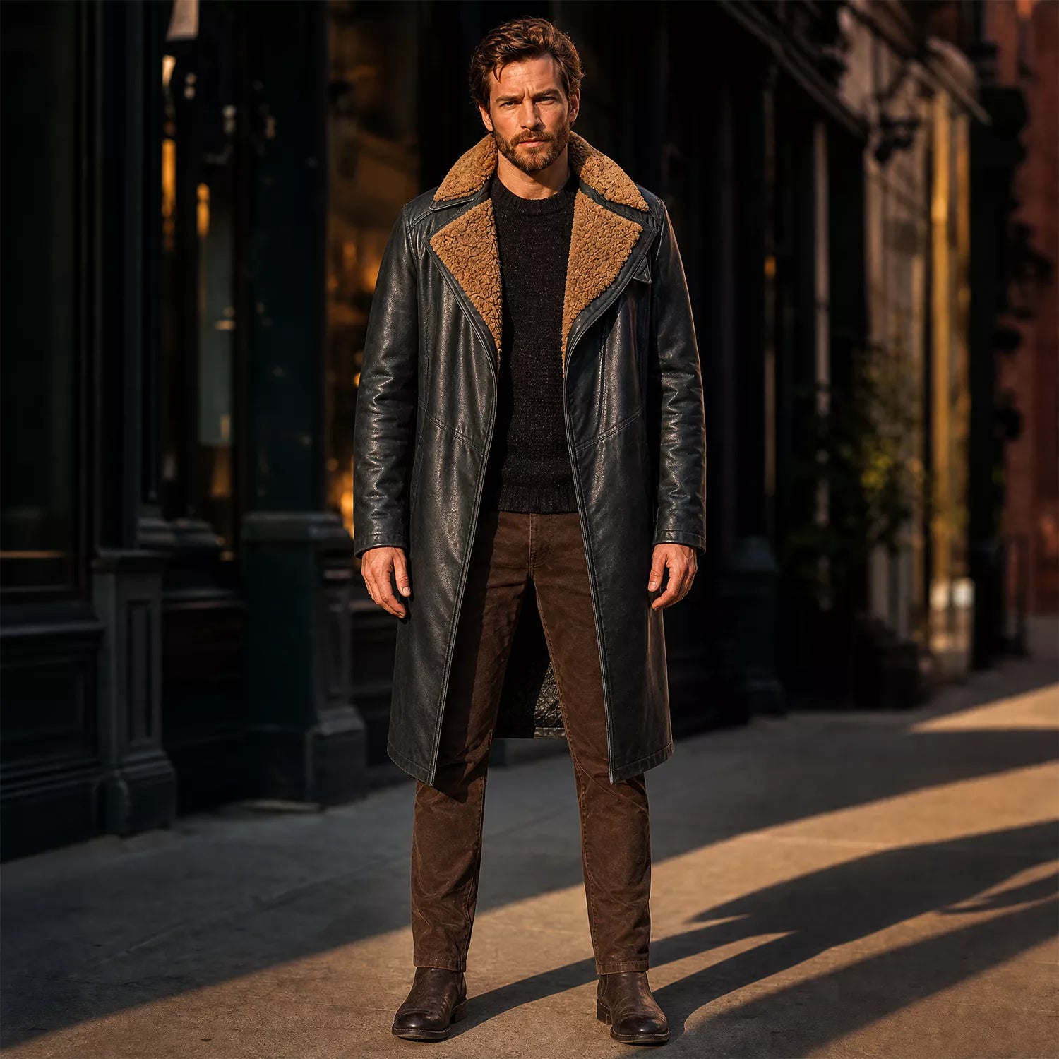 Men’s Black Shearling Leather Trench Coat | Futuristic Sci-Fi Inspired Long Jacket