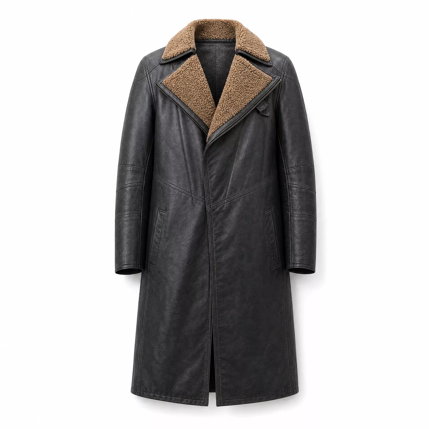 Men’s Black Shearling Leather Trench Coat | Futuristic Sci-Fi Inspired Long Jacket