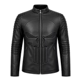 Men’s Black Skull Emblem Leather Biker Jacket | Zip-Up Moto Jacket