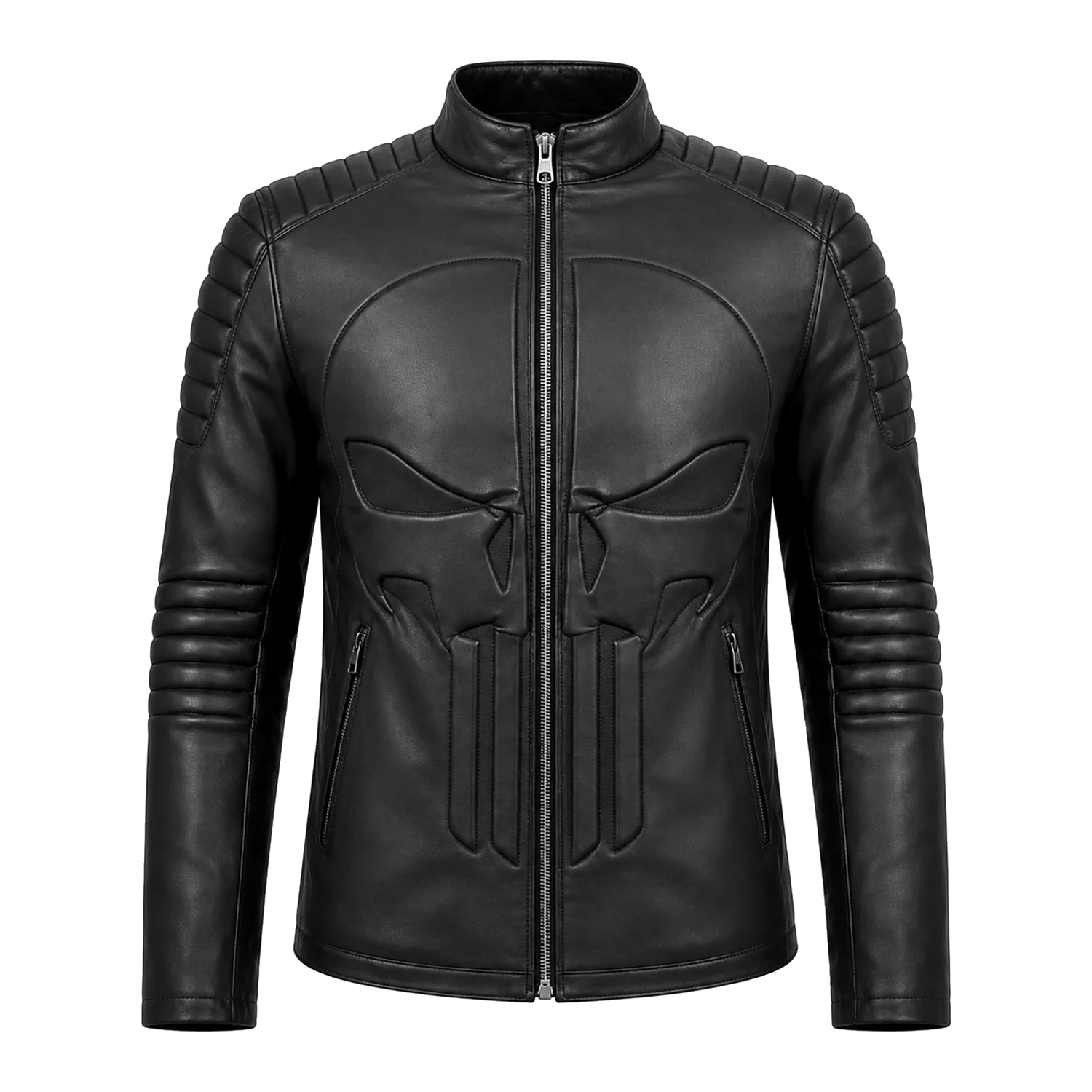 Men’s Black Skull Emblem Leather Biker Jacket | Zip-Up Moto Jacket