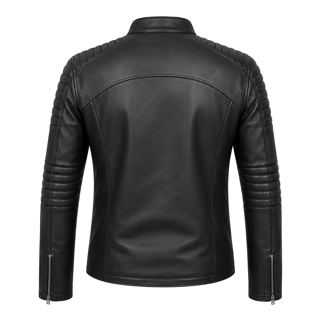 Men’s Black Skull Emblem Leather Biker Jacket | Zip-Up Moto Jacket