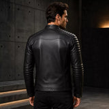 Men’s Black Skull Emblem Leather Biker Jacket | Zip-Up Moto Jacket