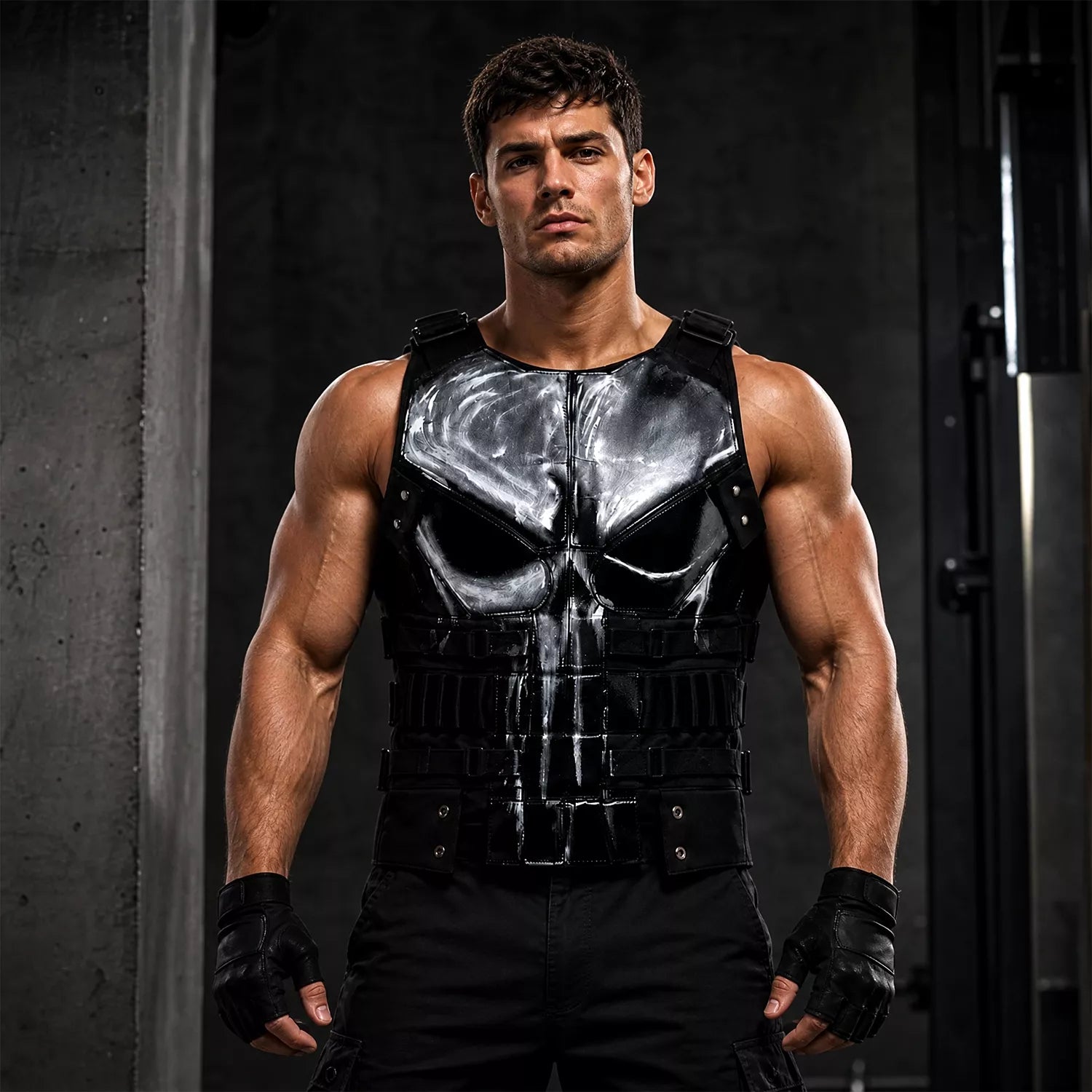 Men’s Black Tactical Leather Vest | Punisher Style Cosplay Sleeveless Jacket