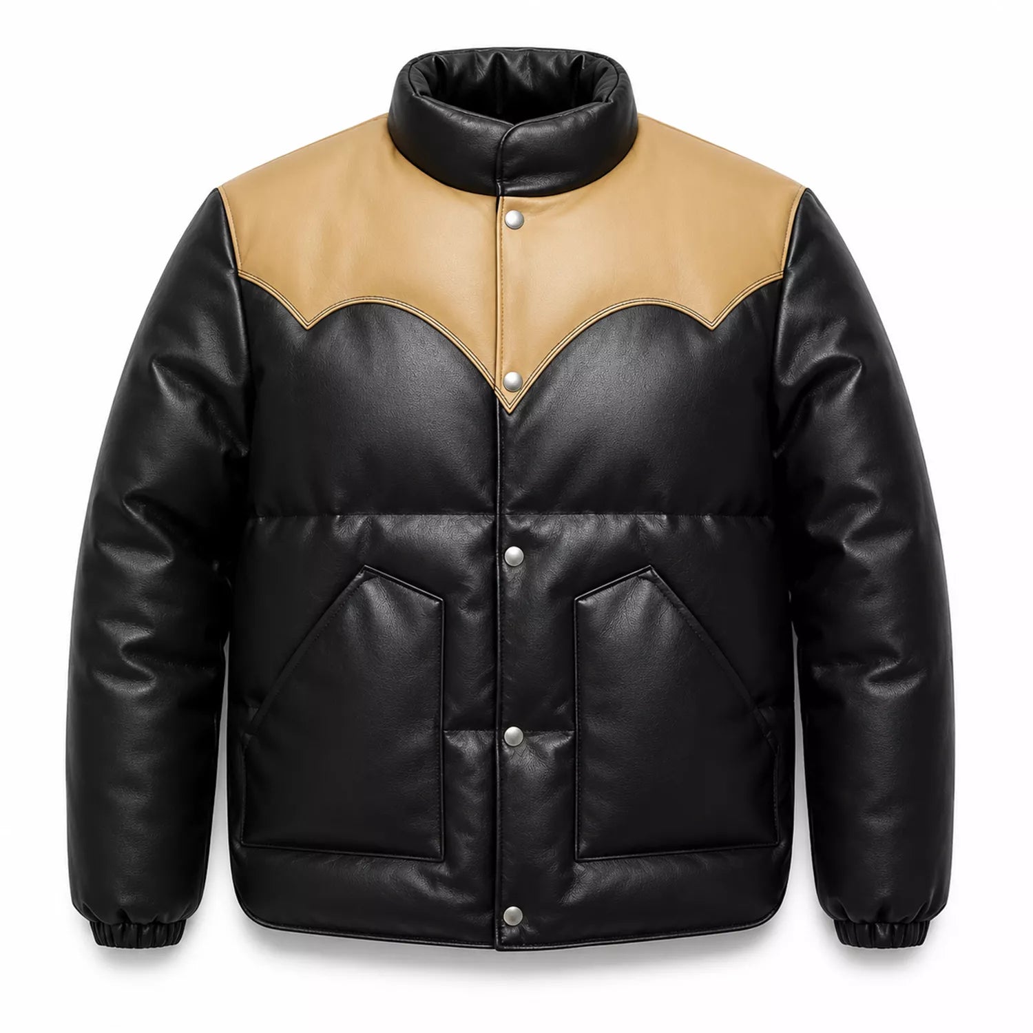 Men’s Black Tan Leather Puffer Jacket | Snap Button Winter Jacket