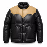 Men’s Black Tan Leather Puffer Jacket | Snap Button Winter Jacket