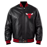 Men’s Black Varsity Leather Jacket with Red Ribbed Trim and Bulls Logo