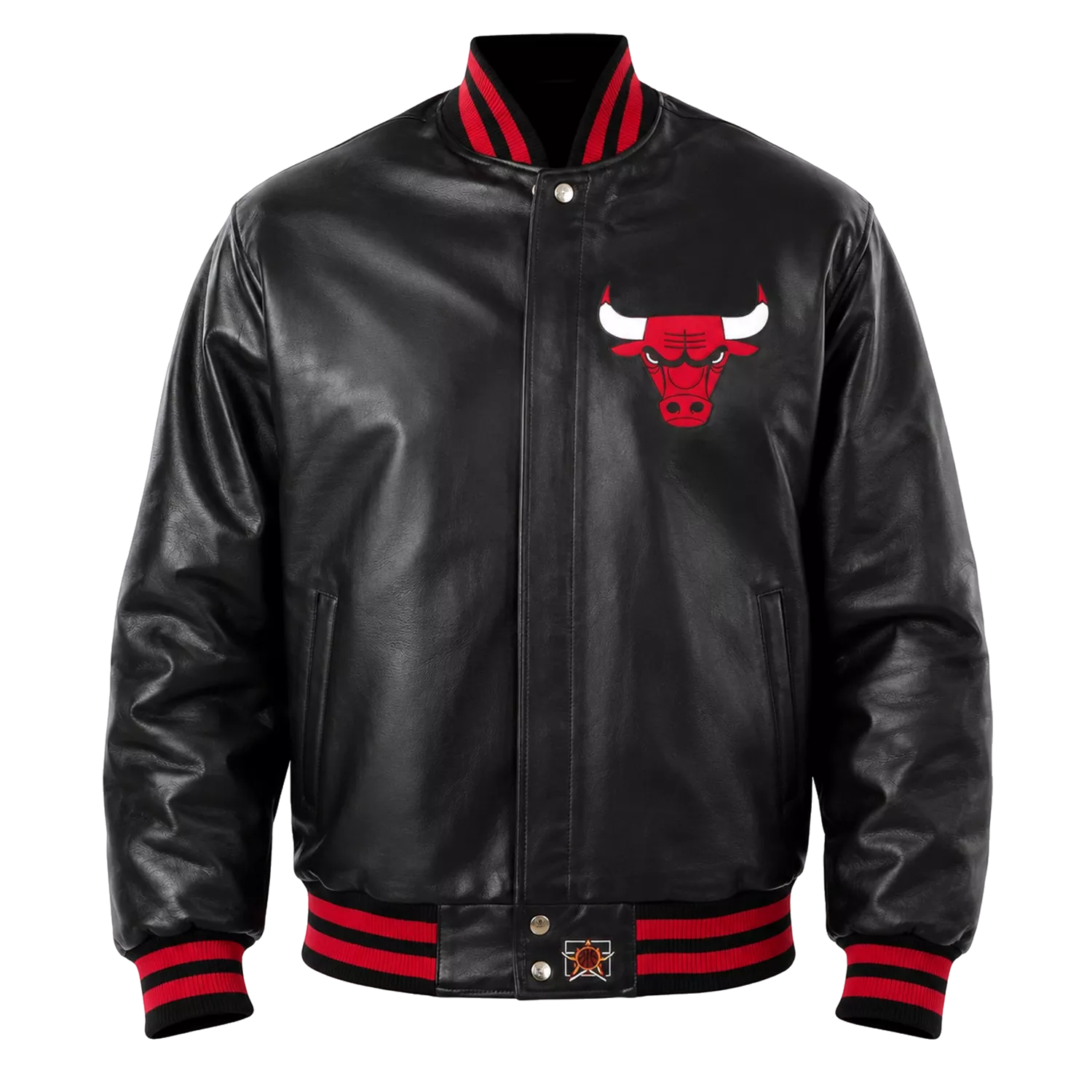 Men’s Black Varsity Leather Jacket with Red Ribbed Trim and Bulls Logo