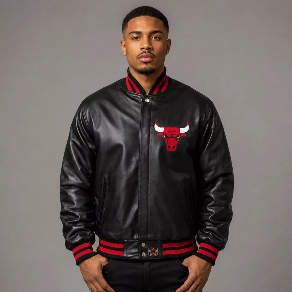 Men’s Black Varsity Leather Jacket with Red Ribbed Trim and Bulls Logo