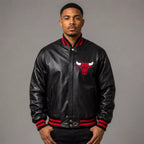 Men’s Black Varsity Leather Jacket with Red Ribbed Trim and Bulls Logo