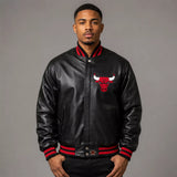 Men’s Black Varsity Leather Jacket with Red Ribbed Trim and Bulls Logo