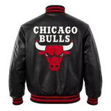 Men’s Black Varsity Leather Jacket with Red Ribbed Trim and Bulls Logo