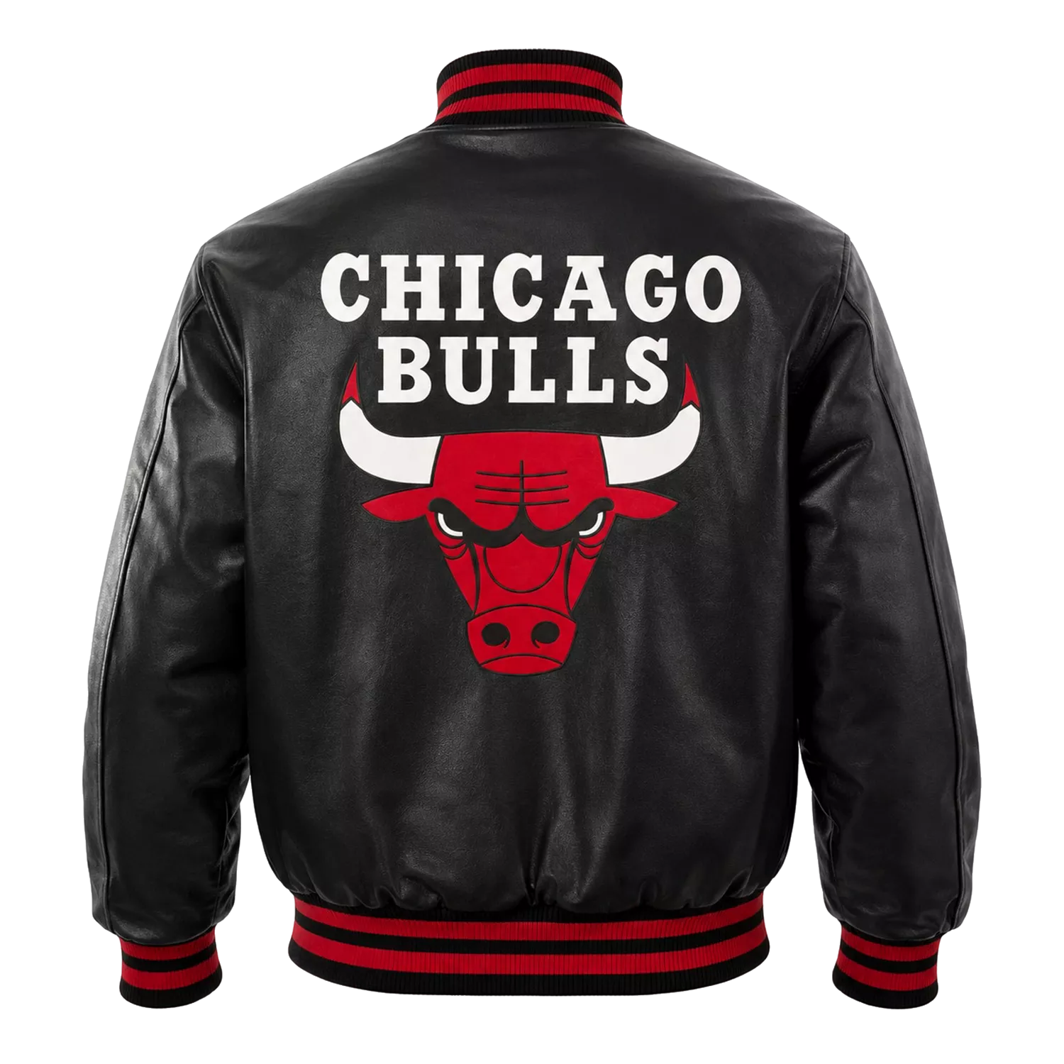 Men’s Black Varsity Leather Jacket with Red Ribbed Trim and Bulls Logo