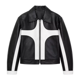 Men’s Black White Leather Moto Jacket | Zip-Up Biker Style Jacket
