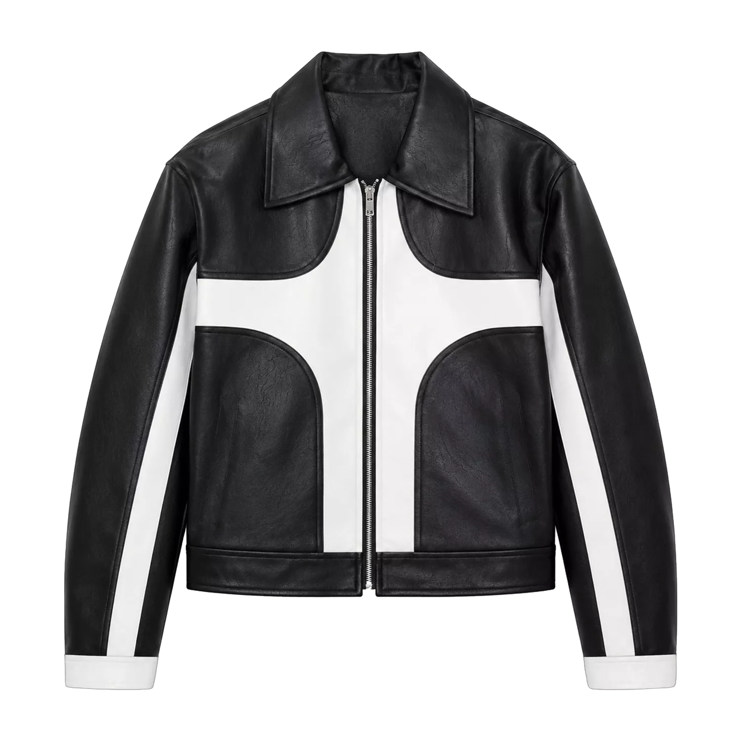 Men’s Black White Leather Moto Jacket | Zip-Up Biker Style Jacket