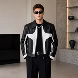Men’s Black White Leather Moto Jacket | Zip-Up Biker Style Jacket