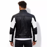 Men’s Black White Quilted Leather Biker Jacket | Moto Style Zip Jacket